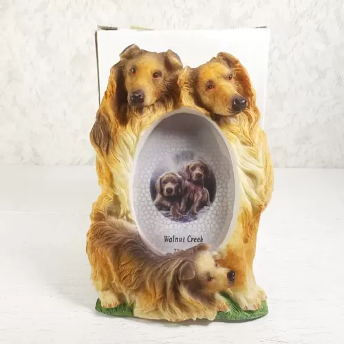 Tall Collie dogs and puppy polyresin figurine photo frame holds one 2x3 picture: With Box