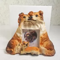 Collie dogs and puppy polyresin figurine photo frame holds one 2x3 picture: With Box - Click to enlarge