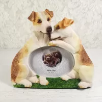 Jack Russell Terrier dog and puppy polyresin figurine photo frame holds one 3x2 picture: Front - Click to enlarge