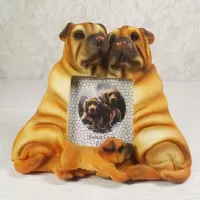 Shar Pei dogs and puppy polyresin figurine photo frame holds one 2x3 picture: Front - Click to enlarge